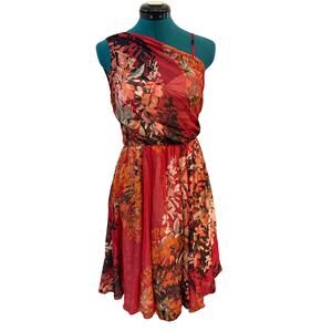Tracy Reese Womens Red and Orange floral Print smock one shoulder Dress NWT Sz 4